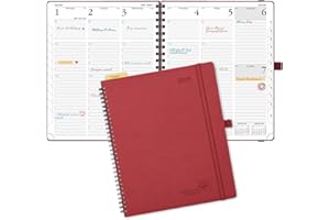POPRUN 2025 Planner 8.5" x 10.5" with Hourly Schedule & Vertical Weekly Layout - 2025 Weekly Planner for Time Management, Monthly Tabs, Pen Holder, Spiral Bound,Leather Soft Cover - Burgundy Red