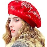LADYBRO Rhinestone Beret Hats for Women 2 Layers Wool French Knit Cap Lady Winter Black