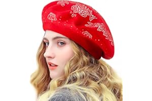 LADYBRO Rhinestone Beret Hats for Women 2 Layers Wool French Knit Cap Lady Winter Black