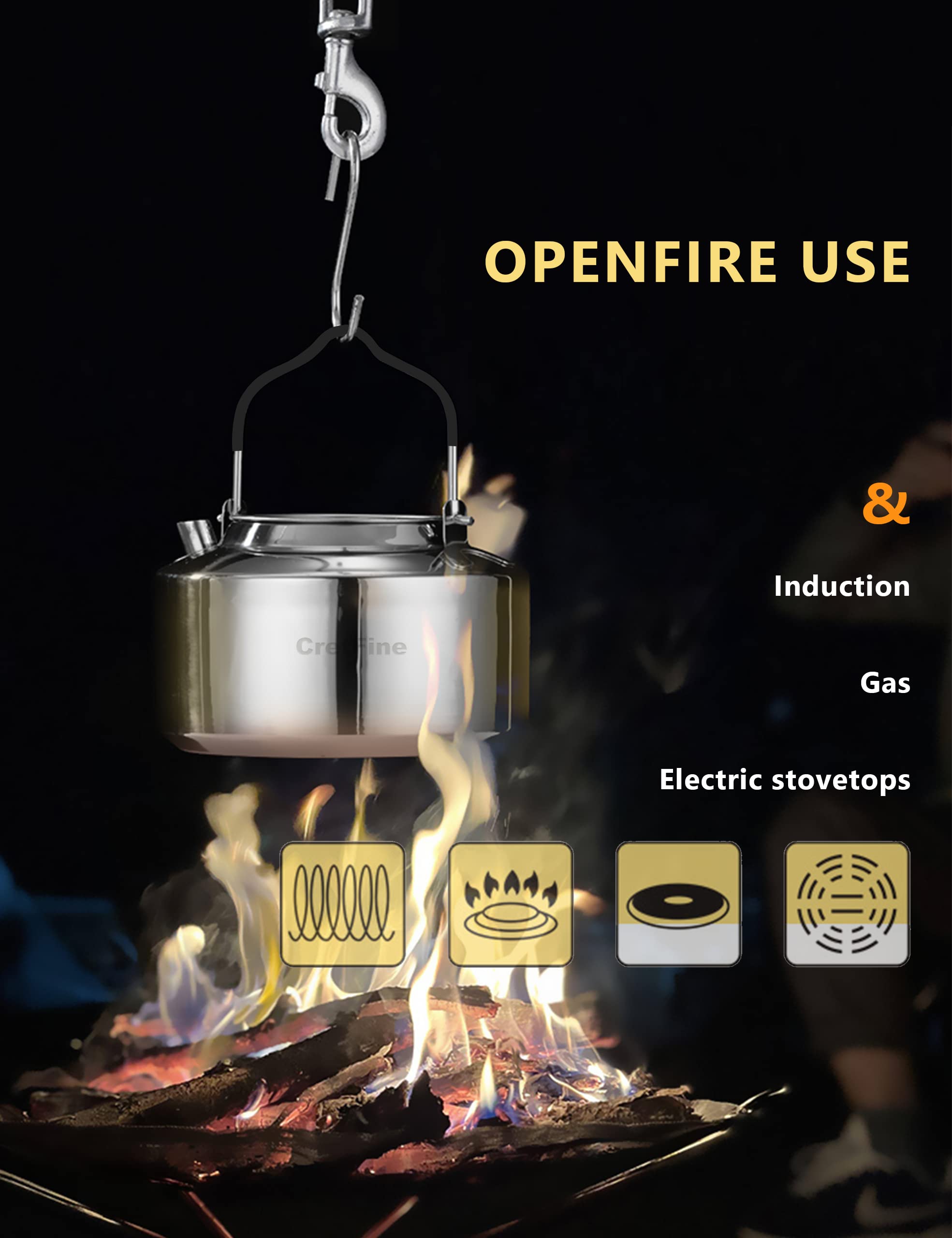 CretFine 304 Stainless Steel Camping Tea Kettle With Stackable Cups And