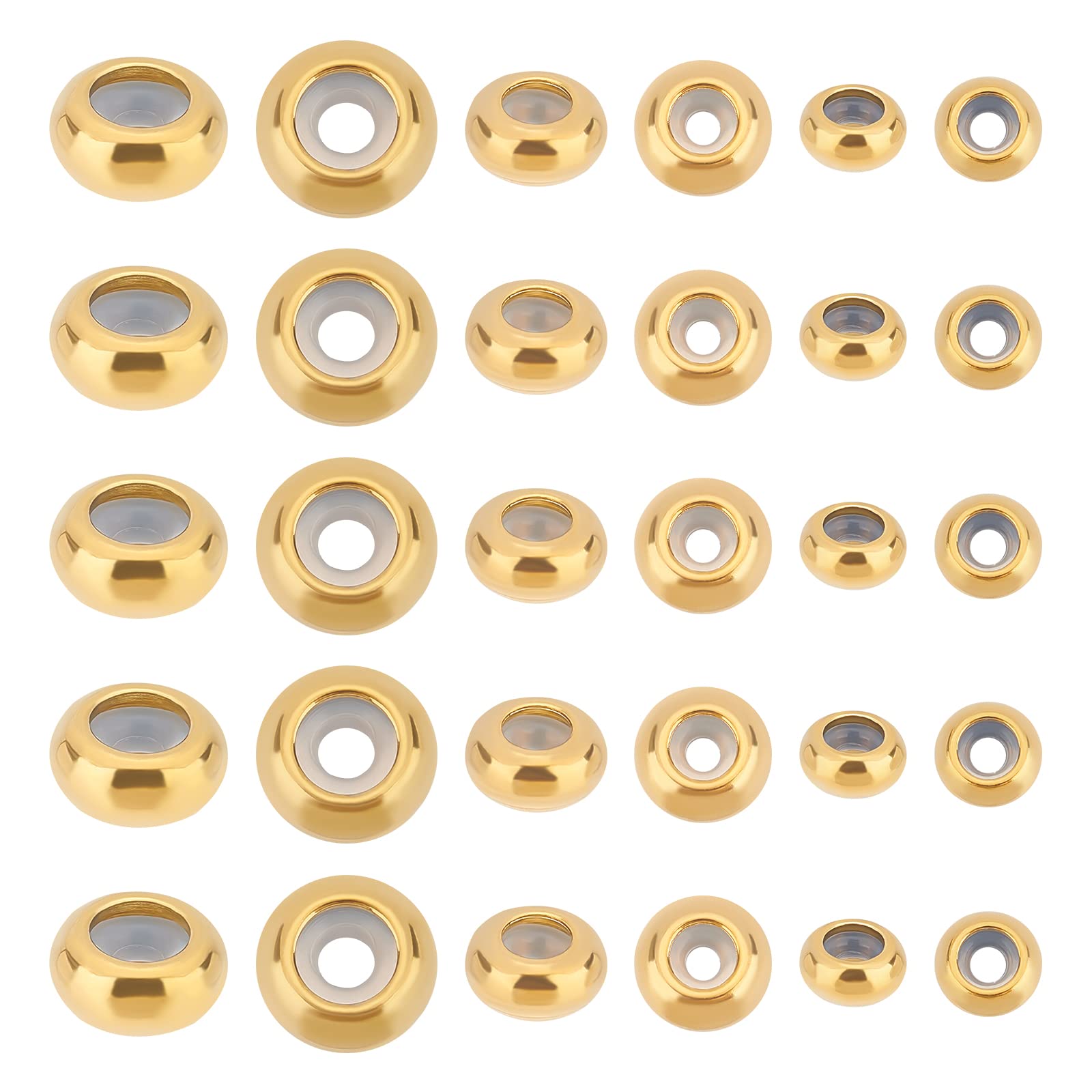 UNICRAFTALE about 30pcs Golden Spacer Stopper Beads with Inside 3 Sizes Slider Beads Stainless Steel Loose Beads Metal Spacers for DIY Jewelry Making