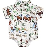 Doqcey Western Baby Boy Clothes Horse Print Shirt Romper Short Sleeve Button Down Bodysuit Infant Gentleman Summer Outfit