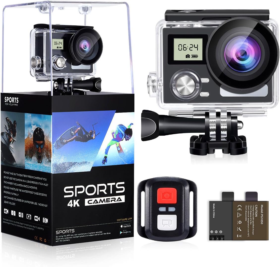WiFi Action Camera 4K 24MP Waterproof Ultra HD Remote EIS Sports Camera 100Ft Underwater OGL 2" LCD 170° Wide Angle with 2 Rechargeable Batteries Mounting Accessories Kits (Upgraded 24MP 128GB)
