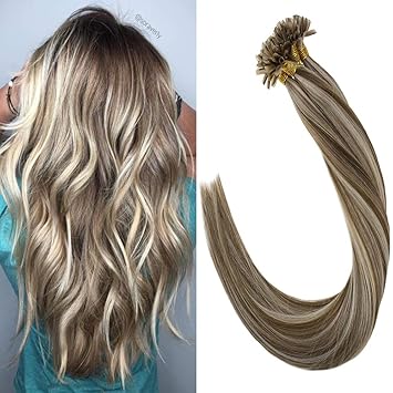 Laavoo 22 Pulgadas Nail Tips Extensiones Queratina De Cabello Natural Piano Color P824 Marrón Ligero Y Rubio Dorado 50 Piezas 1gpieza