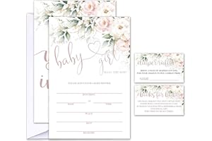 Geuro Set of 25 Baby Shower Invitations with Envelopes, Diaper Raffle Tickets and Baby Shower Book Request Cards, Floral flower