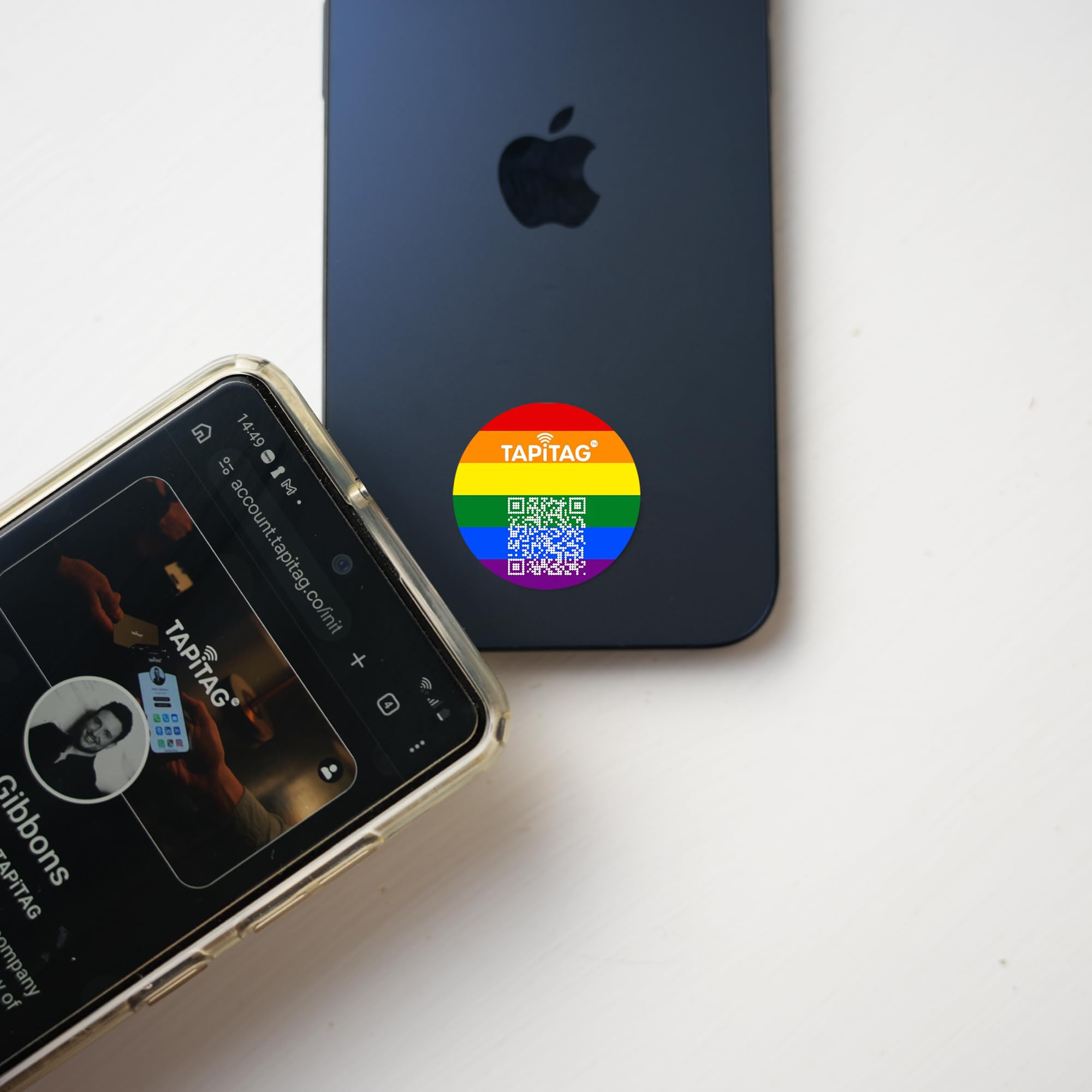 TAPiTAG Phone Tag with NFC & QR Code – NO Subscription Required - 30mm Round PVC Contactless Digital Business Card Sticker Linked to Online Profile for Networking & Business Contacts (Pride)