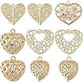 SUNNYCLUE 1 Box 10Pcs 5 Styles Real 18K Gold Plated Brass Heart Charm Hollow Hearts Charms Bulk Metal Valentines Themed Love Pendants Finding for Jewelry Making Necklace Earring DIY Craft Accessories