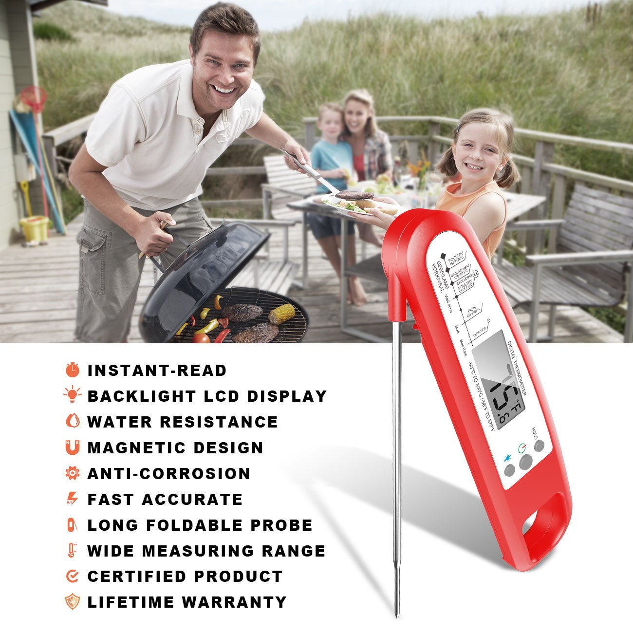Digital Meat Thermometer, eSamcore Instant Read Cooking Thermometer Fast Accurate Food Thermometer w/ Bright LCD Display for Kitchen BBQ Grill Smoker [Chipotle]