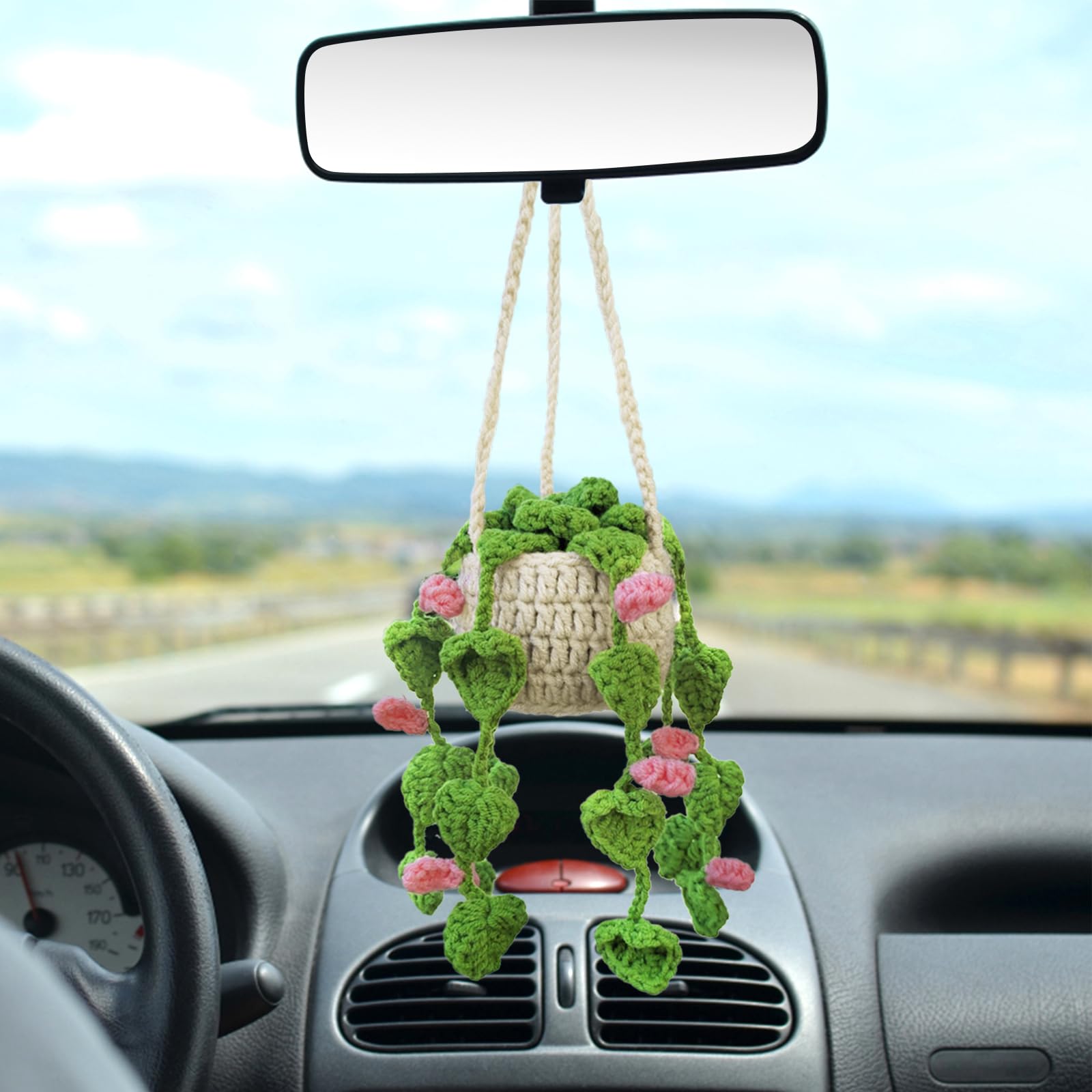 Kunyeah Crochet Hanging Plant for Car, Cute Potted Plants, Crochet Decor, Car Mirror Hanging Accessories, Rear View Ornament, Boho Handmade Knitted Pendant (Pink)