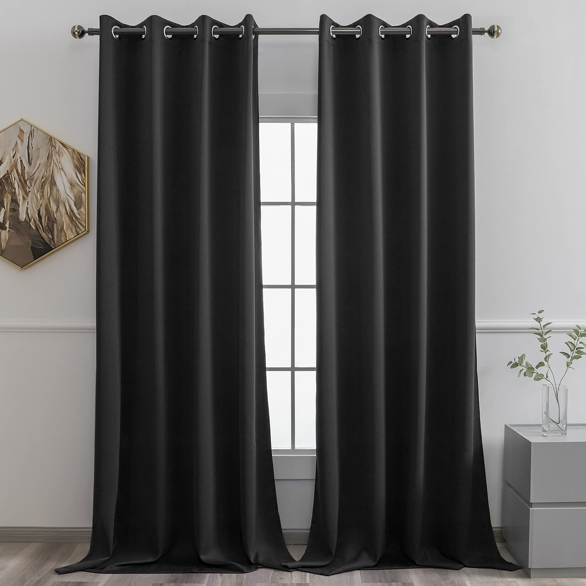YGO Solid Thermal Insulated Blackout Curtains Grommet Window Panel Drapes Bedroom Living Room 52 x 95 Inch Black 2 Panel