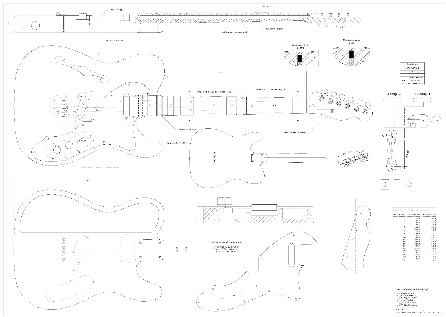 Full Scale Plans For The Fender Telecaster 1969 Thinline Electric Guitar Actual Size