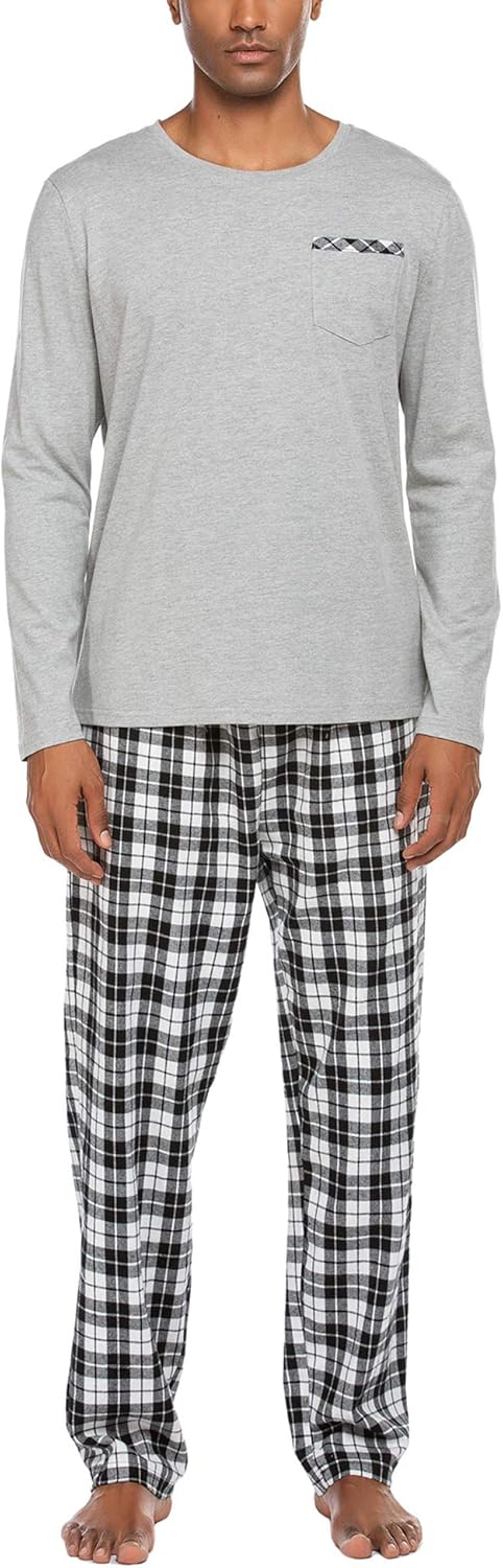 Ekouaer Pajama Set Men's Long Sleeve Sleepwear with Plaid Pants Comfy Pjs Set with Pockets Loose Lounge Set: Clothing