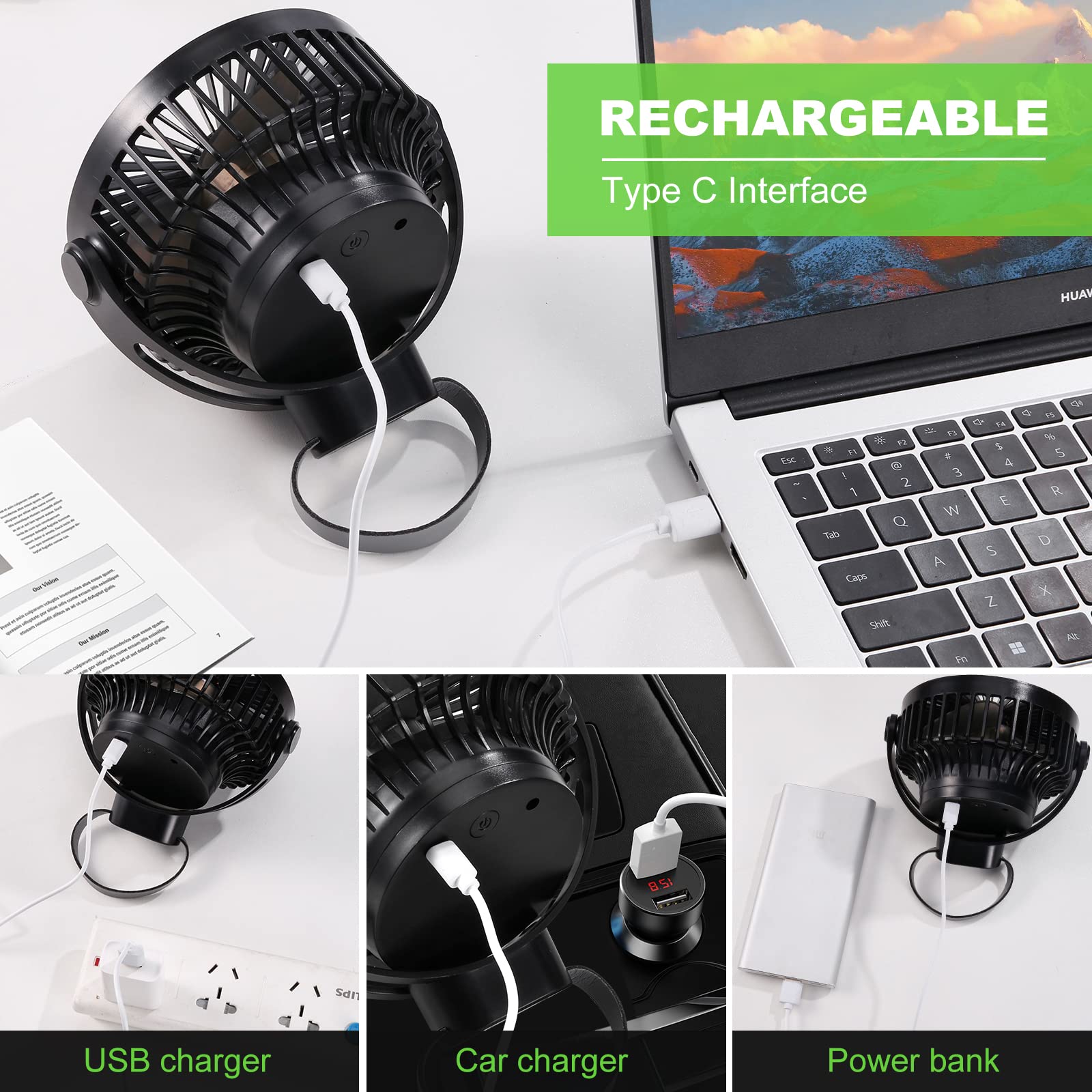 Odoland 2 Packs 10000mAh Camping Rechargeable Fan with Hanging Hook Carabiner, Portable Battery Operated Tent Fan, Quiet Strong Airflow, Outdoor USB Desk Fan for Picnic Travel Barbecue Fishing