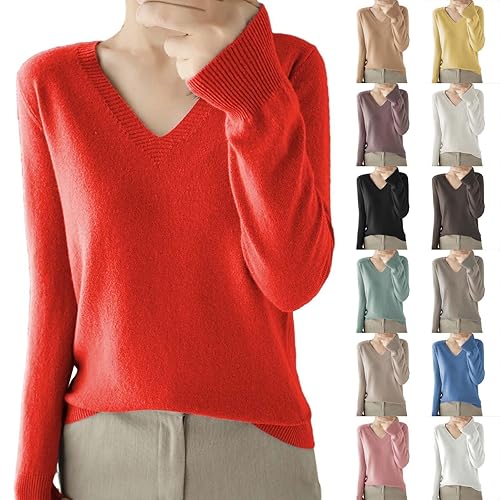 Long Sleeve Tops Women UK- V Neck Red Jumpers for Women Ladies Basic Lightweight Tunic
