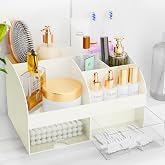 Makeup Organizer with Drawers, Cosmetic Storage for Dresser Vanity and Bathroom Countertop, Beauty Holder for Lipstick Brush, Skincare Organizer for Vanity, Cosmetic Display Case (Ivory)