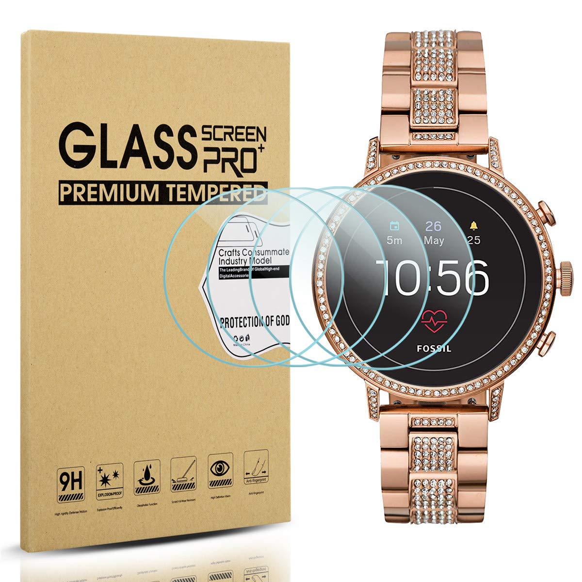 Diruite 4-Pack for Fossil Q Venture HR Screen Protector Tempered Glass [2.5D 9H Hardness][Anti-Scratch][Optimized Fit Version]