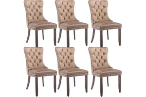 Virabit Velvet Dining Chairs Set of 6, Tufted Upholstered Dining Chairs with Nailhead Back and Ring Pull Trim, Solid Wood Dining Chairs for Kitchen/Bedroom/Dining Room (Khaki)