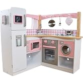 KidKraft Grand Gourmet Corner Wooden Play Kitchen with Washer, Chalkboard, Curtains and 4 Accessories, Gift for Ages 3+