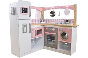 KidKraft Grand Gourmet Corner Wooden Play Kitchen with Washer, Chalkboard, Curtains and 4 Accessories, Gift for Ages 3+