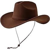 Lanzom Women Western Cowboy Cowgirl Hat Wide Brim Fedoras Hat with Wind Lanyard
