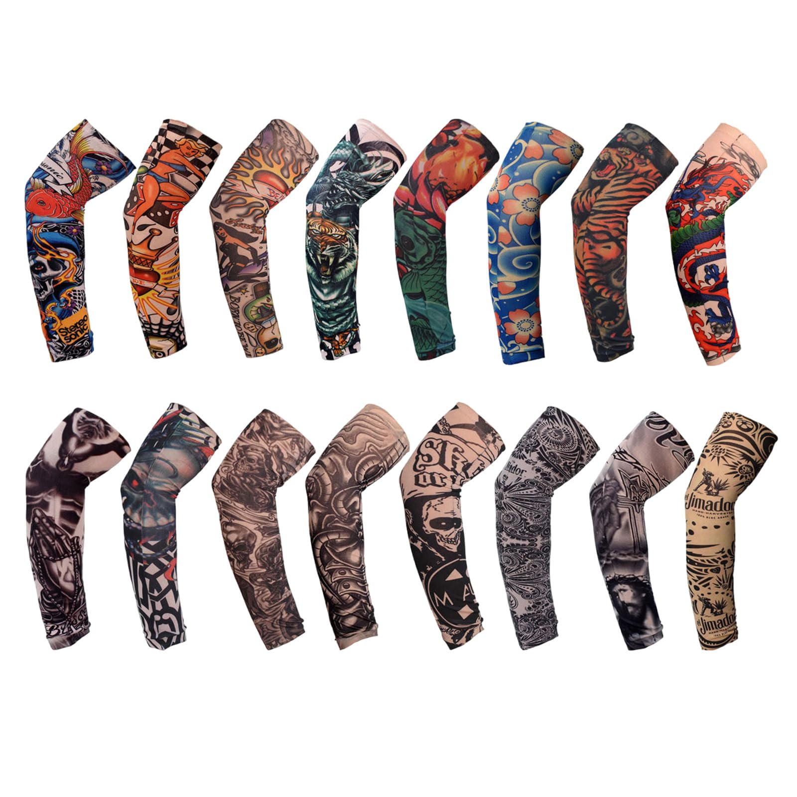 TSHAOUN 16 Pieces Fake Temporary Cool Tattoo Sleeves, Art Arm Fake Tattoo Sleeves Cover For Men Women, Nylon Elastic Arm Stockings Halloween Tattoo Hip Hop Sun Block Sleeves For Festivals (16Colors)