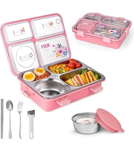 Kids Stainless Steel Lunch Box With 3 Compartments – Leakproof Bento Box, BPA-Free, Includes Spoon & Fork (Pink)