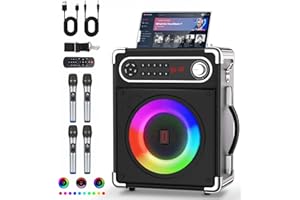 VOIJUMP Karaoke Machine, Portable Bluetooth Speaker with 4 Wireless Mics, for Adults Kids with LED Lights, Bass/Treble Adjustment, PA System with Remote Control, Supports USB/TF/REC/FM/AUX/TWS (4 Mics)