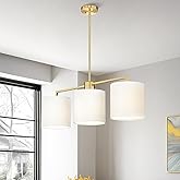 Emak Modern 3-Light Dining Room Light Fixtures Over Table, 34 Inch Linear Chandelier with White Linen Drum Shade, Brushed Gol