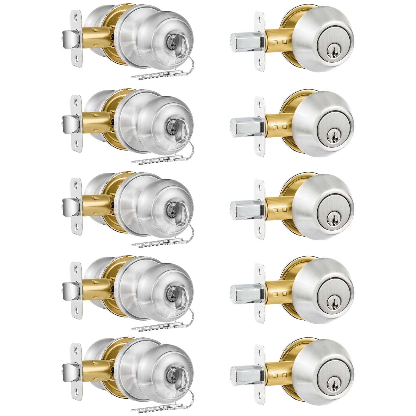 Photo 1 of Plustool 5 Pack Entry Door Lock and Single Cylinder Deadbolt Combo Set, Keyed Alike Satin Nickel Exterior Door Knobs with Lock&Keys, Round Ball Door Locksets with Deadbolt for Entrance and Front Door