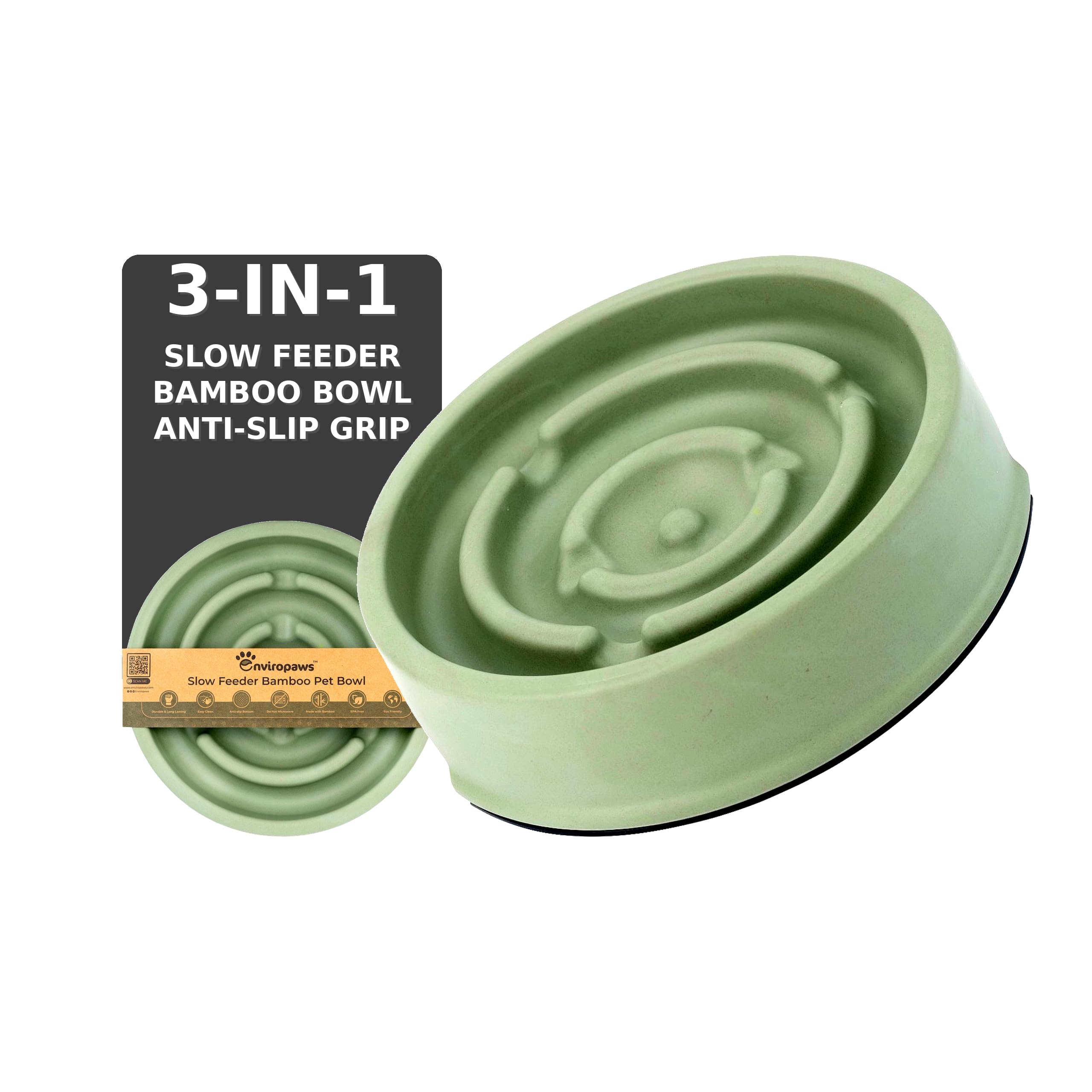 Enviropaws Bamboo Slow Feeder Dog Bowl with Anti Slip Grip | Deep | Promotes Slow Eating | Prevent Risk of Choke Bloat & Overeating | Anti Gulp Maze Puzzle Feeder for Dogs & Cats (Large 25cm)