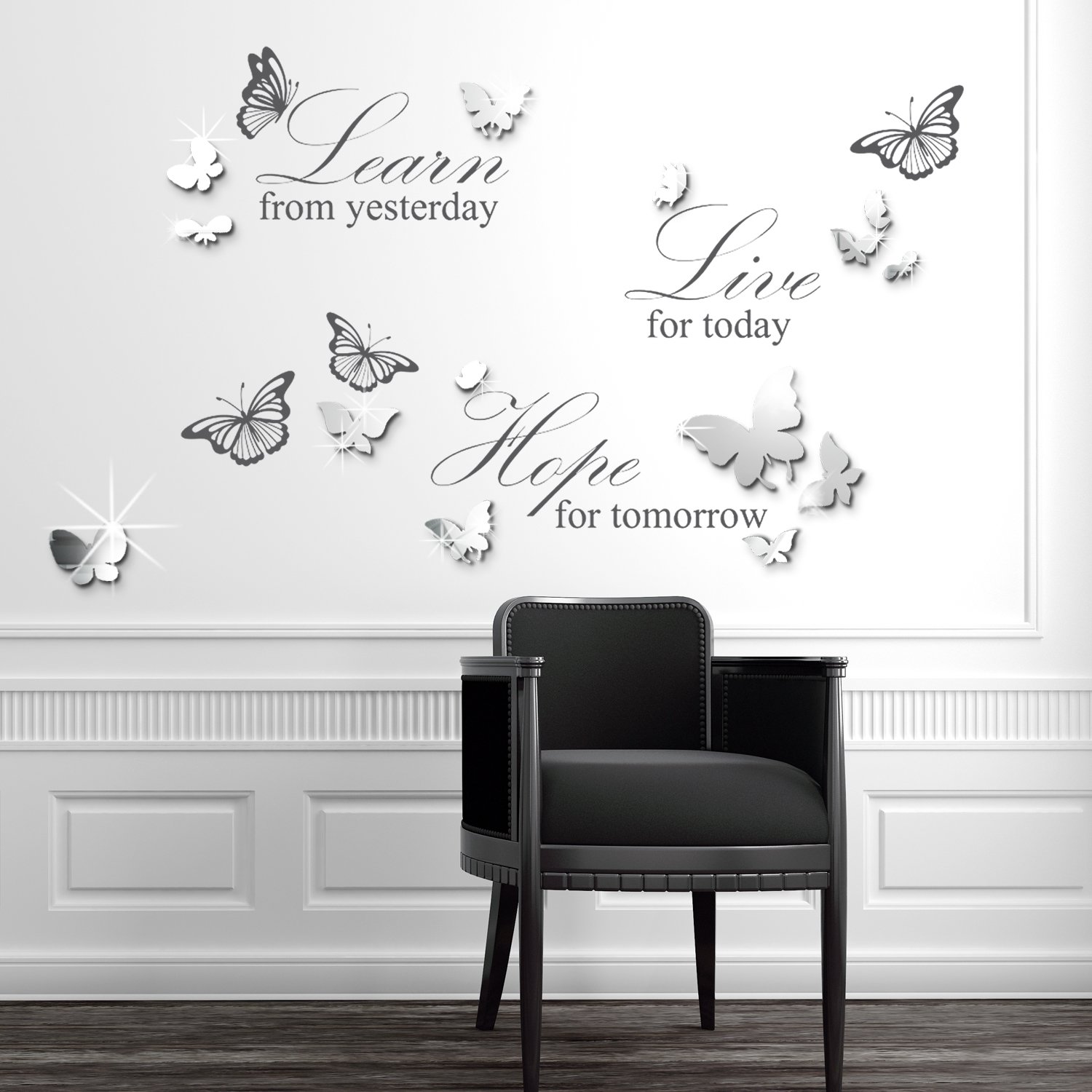 WALPLUS 14 Mirror Butterflies Art Plus Live Learn Hope Wall Stickers, Vinyl, Multi-Colour, 23.5 x 35 x 3 cm