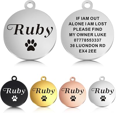 EDSG Personalised Dog Tag for Dogs Cats Pets Silver Round 25mm One Tag Ring