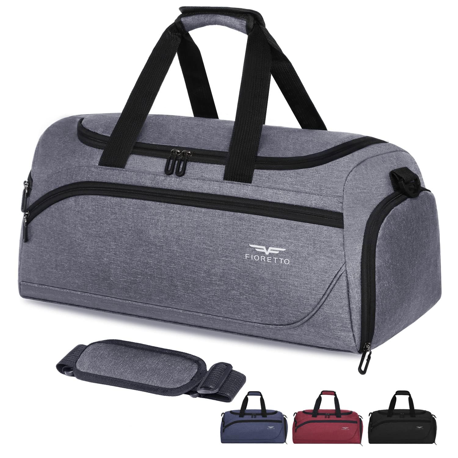 FIORETTO 35L Mens Sports Gym Bag with Wet Pocket & Shoe Compartment,Travel Duffle Bag Overnight Bag with Padded Shoulder Strap, Water-Resistant Sports Holdall for Swimming, Basketball Light Grey