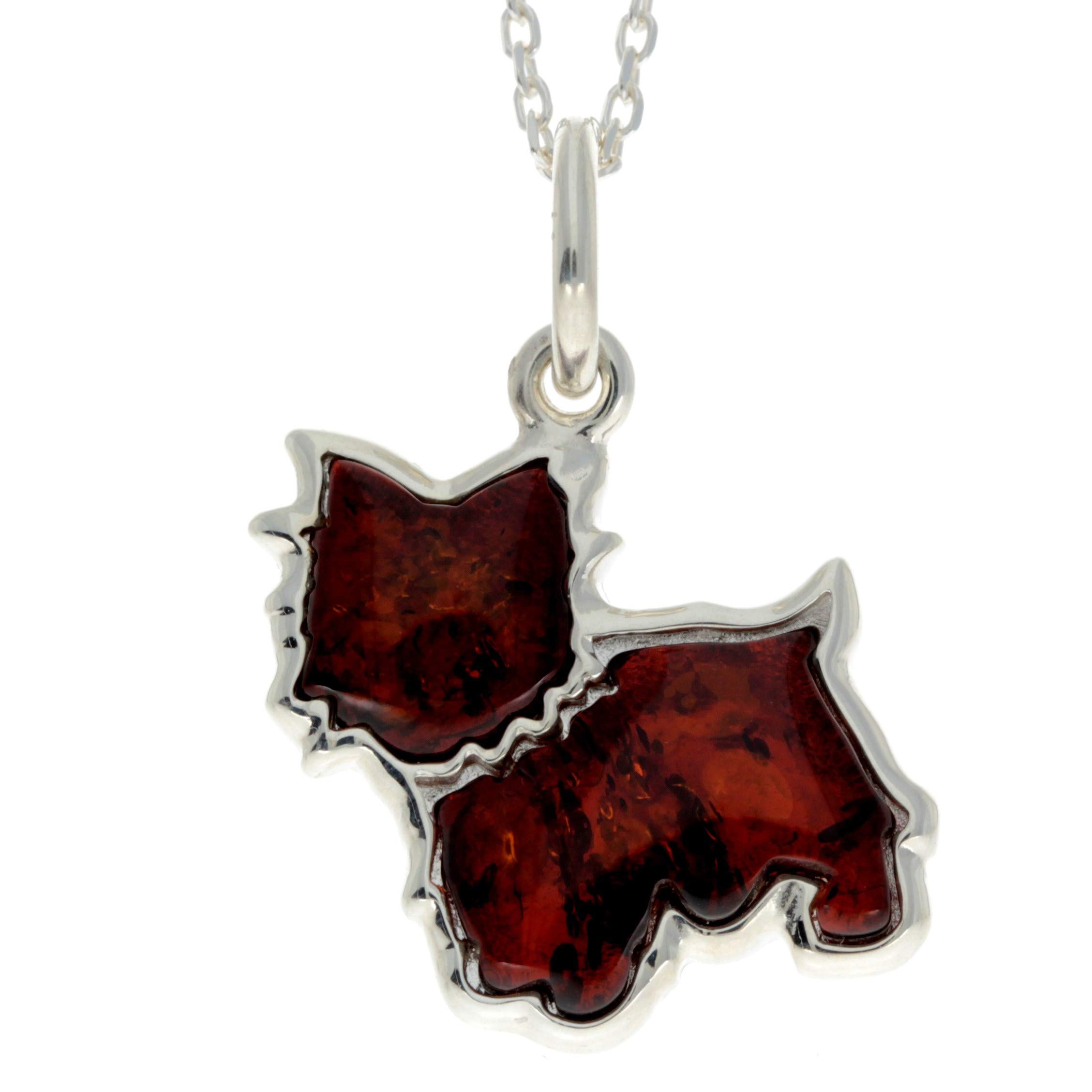 Genuine Cognac Baltic Amber & Sterling Silver Westie - Scotty Dog Pendant without Chain - AD218C