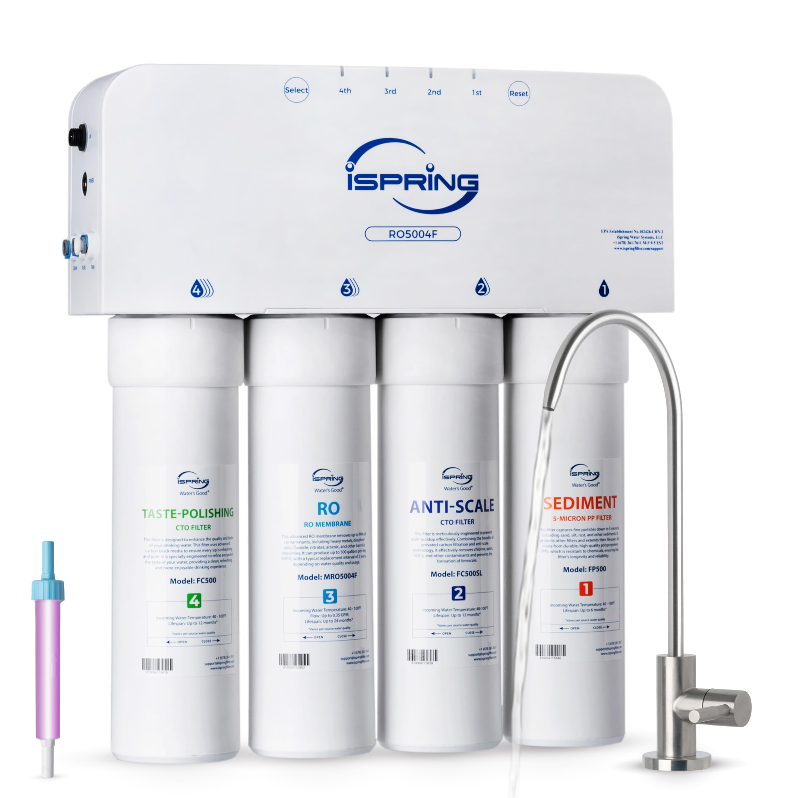 Photo 1 of iSpring RO5004F Reverse Osmosis Water Filter with UV, 500 GPD RO System Under Sink, 2:1 Pure to Drain, Tankless RO Water Filtration System with Boost Pump, Filter Life Monitor, Reduces PFAS, TDS, Lead