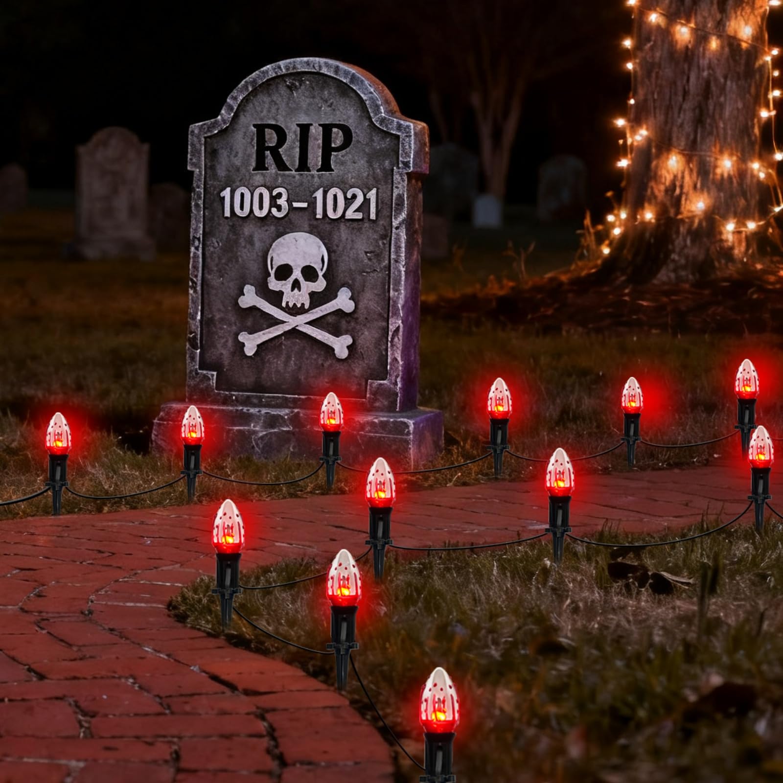 Photo 1 of 25 Pack Halloween Pathway Lights Outdoor,38Ft Flickering Flame Walkway Lights with 27PCS C9 Flame Bulbs,Waterpoof Outdoor Light for Outside Lawn Garden Yard Landscape Halloween Decor