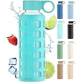 purifyou 40oz / 32oz / 22oz / 12oz Borosilicate Glass Water Bottle with Time &amp; Volume Markers, Silicone Sleeve, Stainless Steel Lid | Reusable Glass Bottle for Water &amp; Juice