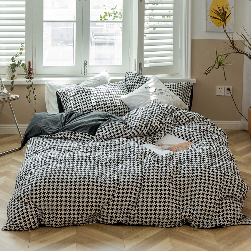 Jersey Knit Duvet Cover Set 100% T-Shirt Cotton Bedding Sets White Black Grids Queen Size 3 Pieces Cotton Duvet Cover with Zipper Closure,1 Comforter Cover with 2 Pillowcases,Full Duvet Cover Set