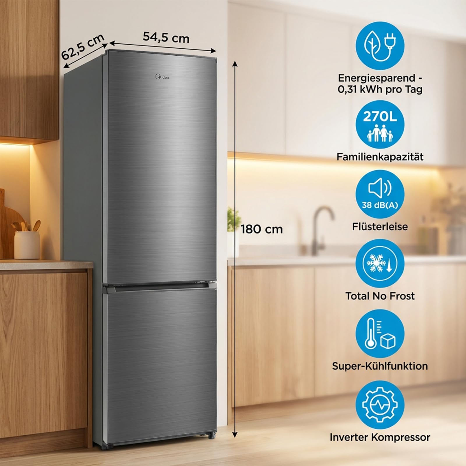 Midea Kühl-Gefrierkombination |270L Kühlschrank mit Gefrierfach | NoFrost, Inverter Kompressor, Super-Kühlfunktion, Multi-air Flow| Leise 38 dB, 140 kWh/Jahr | 180 cm Höhe, ‎Bru-stahl, MERB276FGC46EU 2