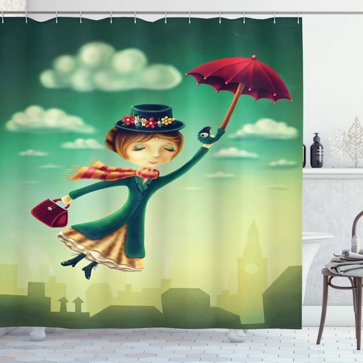 ABAKUHAUS Fantasy Shower Curtain, Cartoon Fairy Tale Nanny with Umbrella and Bag Flying over London Skyline, Cloth Fabric Bathroom Decor Set with Hooks, 78 Inches, Multicolor