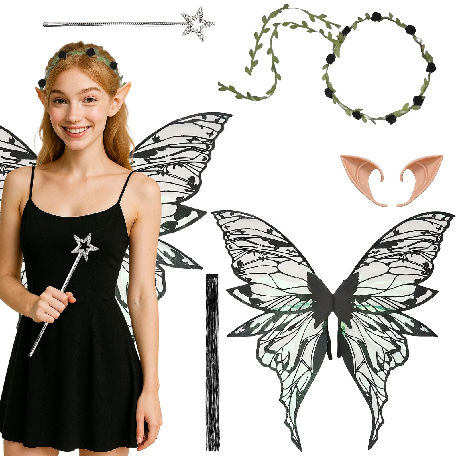 MUNSKT Fairy Wings Adult,Angel Costume Accessories,Butterfly Wings, Elf Ears Flower Headband Magic Wand,Fancy Dress Up Costumes for Halloween Party Cosplay (Black)