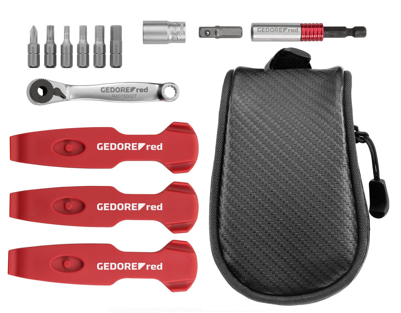 GEDORE red Bicycle Tool kit for Touring, Bike Tool 13 Pieces, Tyre Change, Bits, Ratchet, Adapter, Socket, Repair kit with Saddle Bag