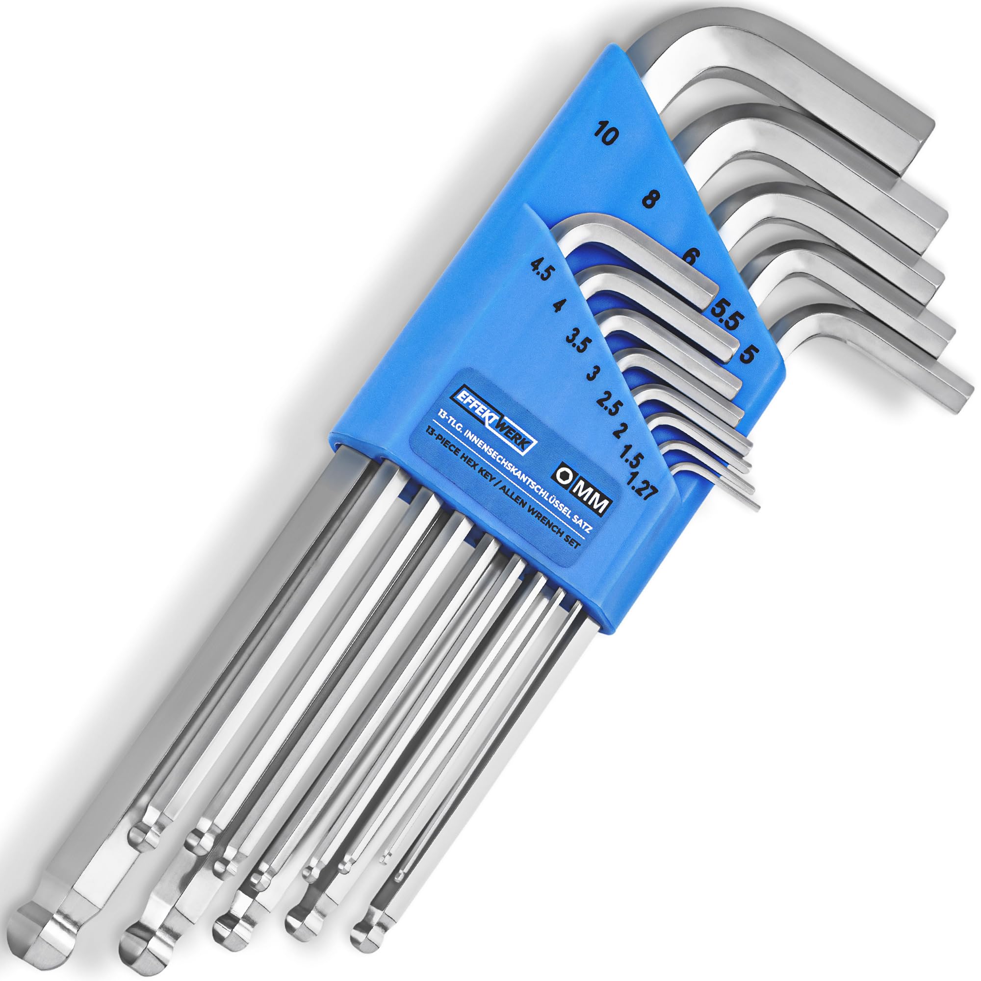 Effektwerk 13-Piece Allen Key Set (1.27 - 10 mm), Hex Keys w/ Long Arm Ball End Design, Hexagonal Wrench Set for Bike & Electronics Repair & Furniture Assembly, Storage Clip w/ Metric Sizes