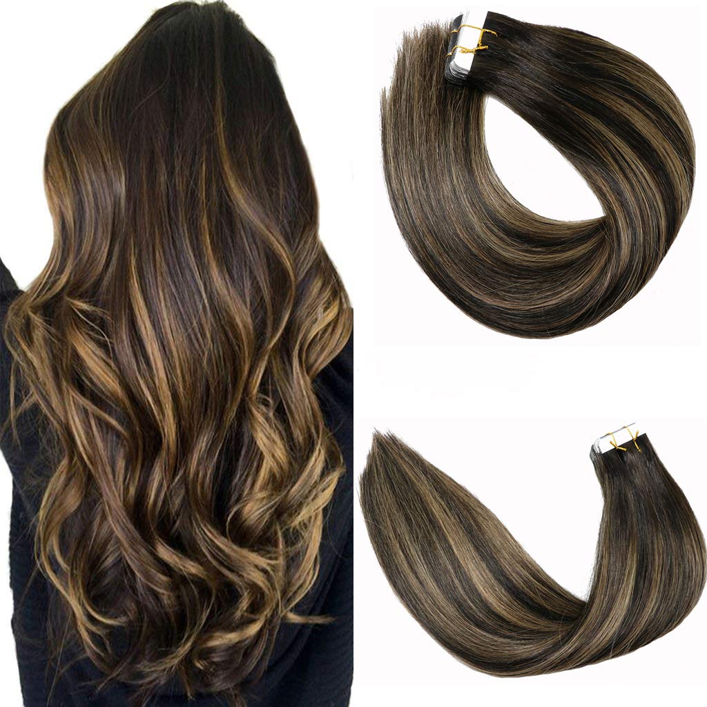 Tape In Hair Extensions 20pcs/50g Per Set #1BT6P1B Natural Black to Chestnut Brown Highlight Black Piano Color Double Sided Tape Skin Weft Remy Silk Straight Hair Glue in Extensions Human Hair 18 Inch