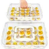 MesRosa 2 Pack Deviled Egg Containers with Lid and Hidden Durable Handle | Clear Plastic Deviled Egg Carrier Storage 48 Eggs, Stackable Egg Holder for Fridge, Portable Tray Platter for Party -White
