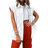 PLNOTME Womens Oversized Sleeveless Denim Vest Classic Button Down Jean Vest Casual Utility Lapel Jean Jacket