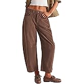Lviefent Womens Mid Rise Cord Barrel Jeans Casual Baggy Wide Leg Corduroy Cropped Ankle Pants with Pockets