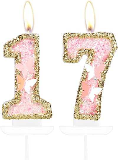 mciskin Pink Gold Butterfly 17th Birthday Candles 2pc Numeral Candle Topper