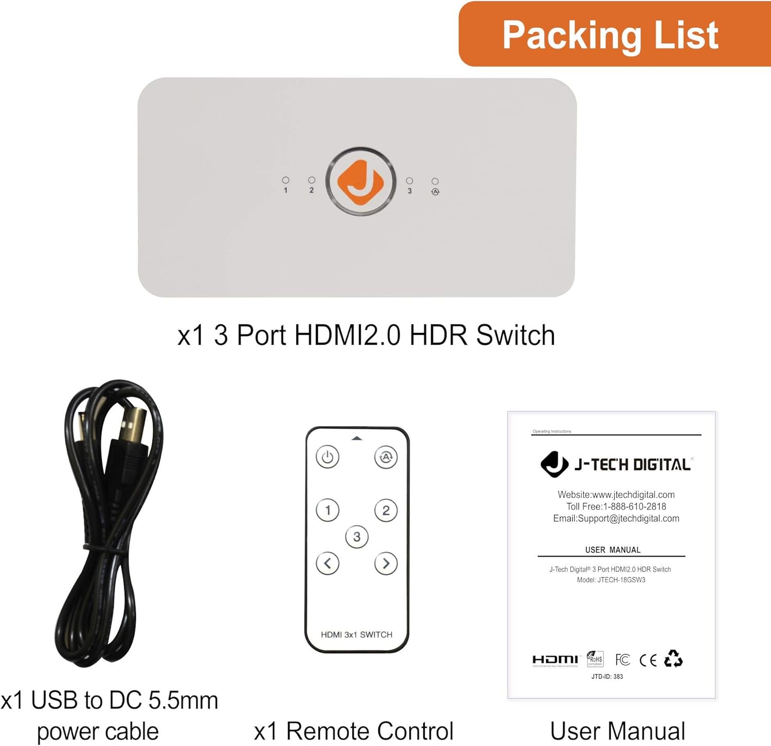 J-Tech Digital 3x1 HDMI 2.0 Switch HDMI Switch 4K@60Hz, HDCP 2.2, HDR, YUV 4:4:4 with Remote Control auto-Switching Function on/Off Control4 Driver Available (3 in 1 Out) [JTECH-18GSW3]: Home Audio & Theater