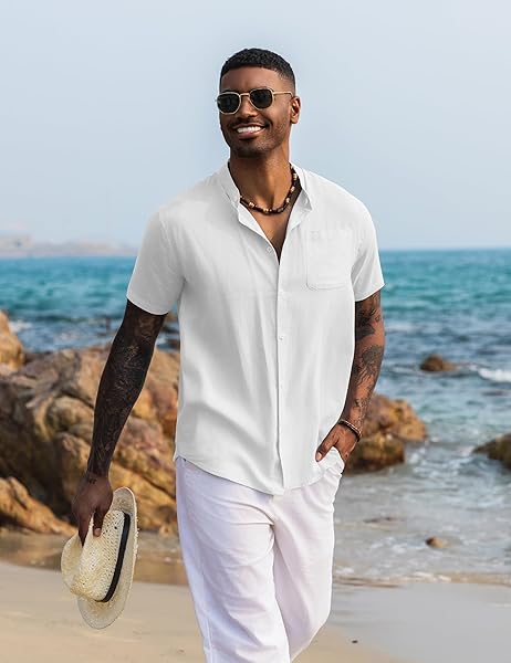URRU MEN’S SHORT SLEEVE LINEN SHIRT BAND COLLAR BUTTON DOWN SHIRTS SUMMER BEACH SHIRT WHITE L